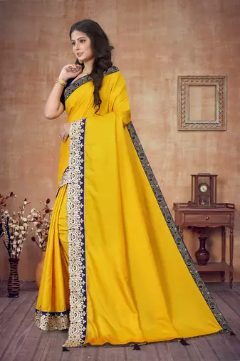 Mustar Vichitra Art silk Embriodered Lace Saree With Blouse Piece.
