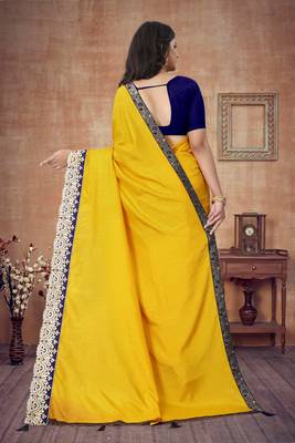 Mustar Vichitra Art silk Embriodered Lace Saree With Blouse Piece. 3