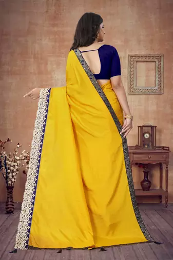Mustar Vichitra Art silk Embriodered Lace Saree With Blouse Piece.