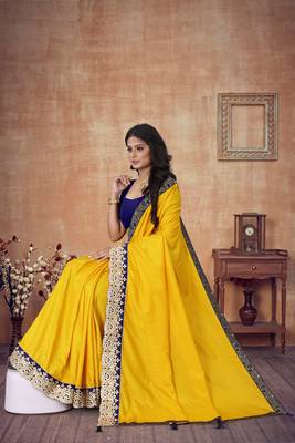 Mustar Vichitra Art silk Embriodered Lace Saree With Blouse Piece. 4