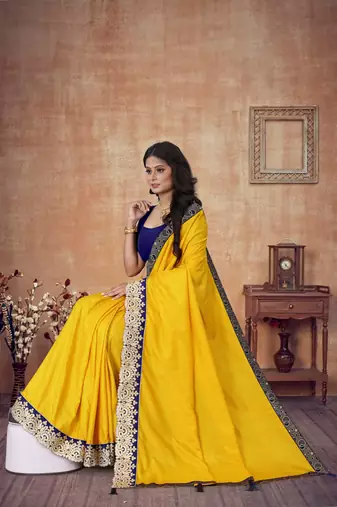 Mustar Vichitra Art silk Embriodered Lace Saree With Blouse Piece.