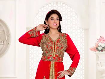 Red color Full Sleeves Handmade Moroccan Kaftan with hijjab 2