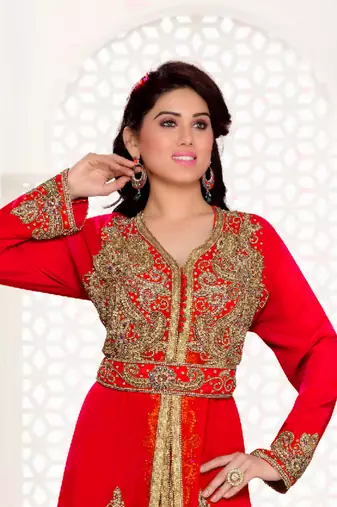 Red color Full Sleeves Handmade Moroccan Kaftan with hijjab