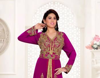 Wine color Full Sleeves Handmade Moroccan Kaftan with hijjab 2