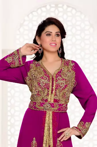 Wine color Full Sleeves Handmade Moroccan Kaftan with hijjab