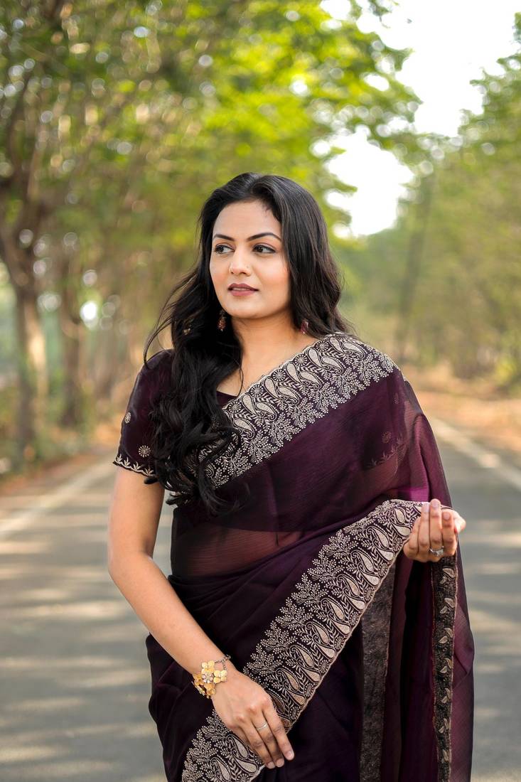 Wine Colour Pure Burbarry Silk Jari Border Work Soft Saree With Unstitched Blouse