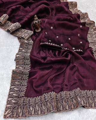 Wine Colour Pure Burbarry Silk Jari Border Work Soft Saree With Unstitched Blouse 3