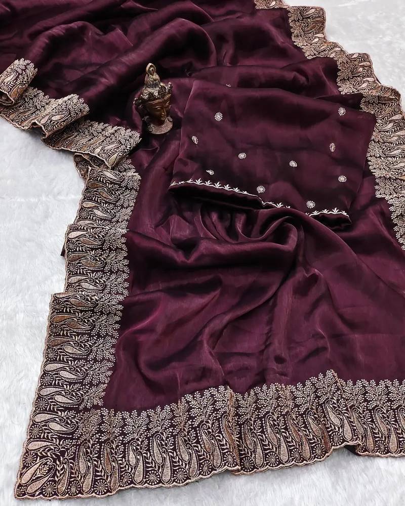 Wine Colour Pure Burbarry Silk Jari Border Work Soft Saree With Unstitched Blouse
