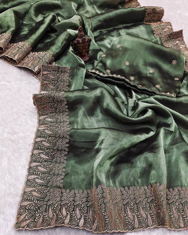 Light Green Colour Pure Burbarry Silk Jari Border Work Soft Saree With Unstitched Blouse