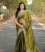 Mahendi Green Colour Pure Burbarry Silk Jari Border Work Soft Saree With Unstitched Blouse
