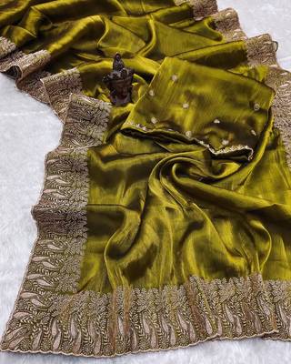Mahendi Green Colour Pure Burbarry Silk Jari Border Work Soft Saree With Unstitched Blouse 3