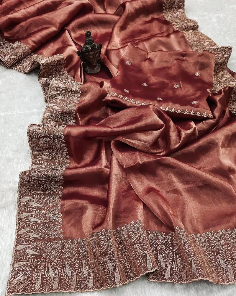 Peach Colour Pure Burbarry Silk Jari Border Work Soft Saree With Unstitched Blouse