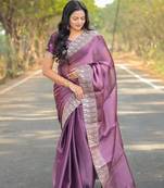 Purple Colour Pure Burbarry Silk Jari Border Work Soft Saree With Unstitched Blouse