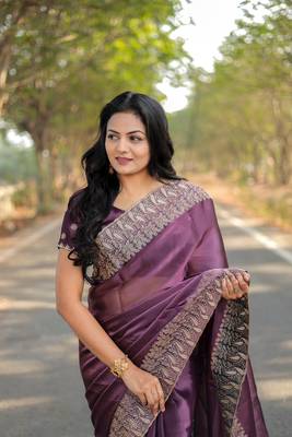 Purple Colour Pure Burbarry Silk Jari Border Work Soft Saree With Unstitched Blouse 2
