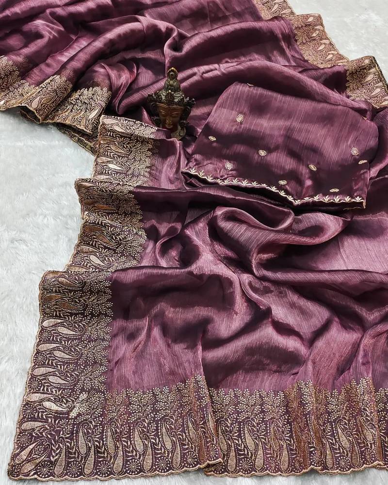 Purple Colour Pure Burbarry Silk Jari Border Work Soft Saree With Unstitched Blouse