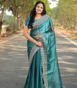 Sea Green Pure Silk Zari Border Work Soft Saree With Unstitched Blouse