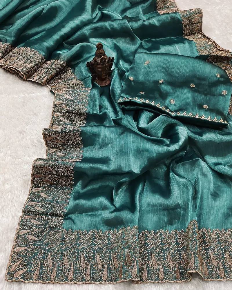 Sea Green Pure Silk Zari Border Work Soft Saree With Unstitched Blouse