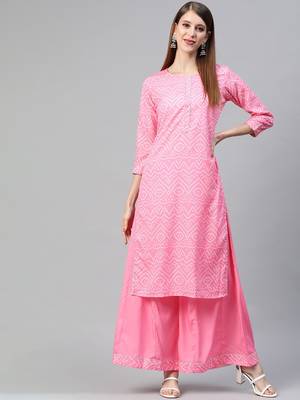 pink color printed poly crepe fancy kurta with palazzo set 1