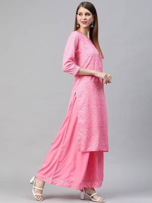 pink color printed poly crepe fancy kurta with palazzo set 3
