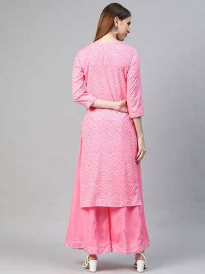 pink color printed poly crepe fancy kurta with palazzo set 4