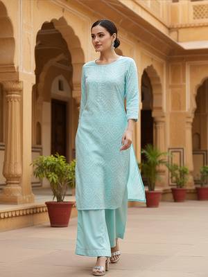 turquoise blue color printed poly crepe fancy kurta with palazzo set 1