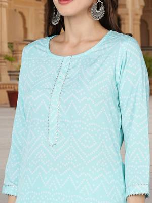turquoise blue color printed poly crepe fancy kurta with palazzo set 2