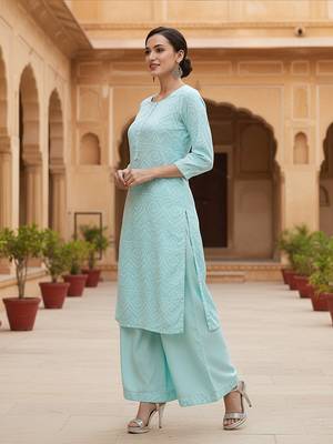 turquoise blue color printed poly crepe fancy kurta with palazzo set 3