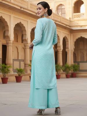 turquoise blue color printed poly crepe fancy kurta with palazzo set 4