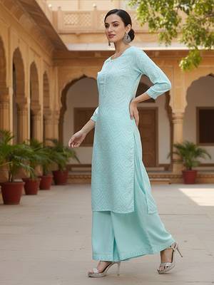 turquoise blue color printed poly crepe fancy kurta with palazzo set 5