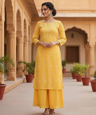 Yellow Crepe Bandhani Kurta Set for Women 1