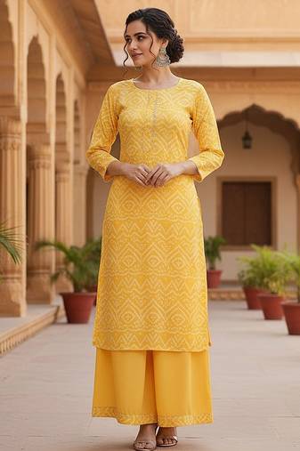 Yellow Crepe Bandhani Kurta Set for Women