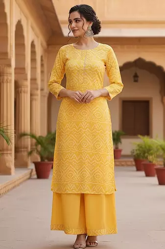 Yellow Crepe Bandhani Kurta Set for Women