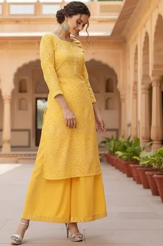Yellow Crepe Bandhani Kurta Set for Women