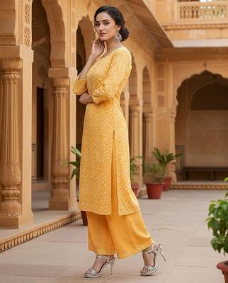 Yellow Crepe Bandhani Kurta Set for Women 4