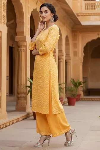 Yellow Crepe Bandhani Kurta Set for Women