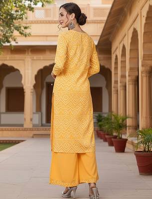 Yellow Crepe Bandhani Kurta Set for Women 5