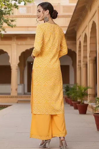 Yellow Crepe Bandhani Kurta Set for Women