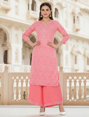coral color printed poly crepe fancy kurta with palazzo set 1