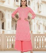 coral color printed poly crepe fancy kurta with palazzo set
