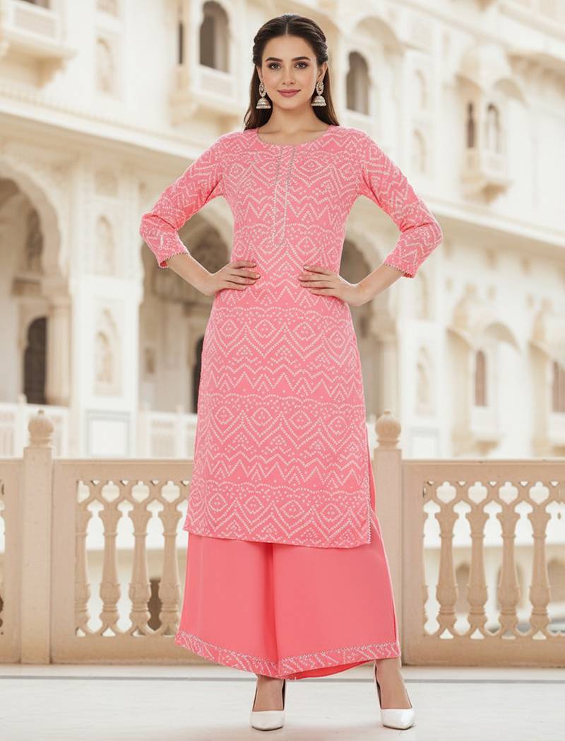 coral color printed poly crepe fancy kurta with palazzo set