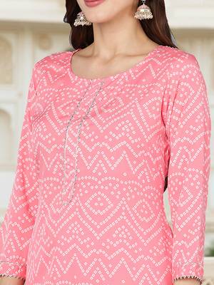 coral color printed poly crepe fancy kurta with palazzo set 2