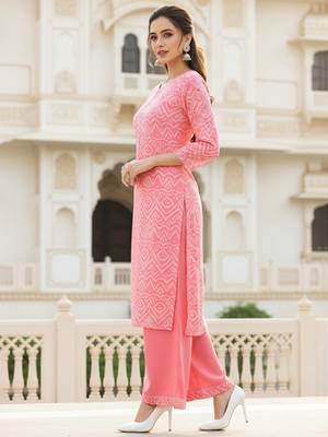coral color printed poly crepe fancy kurta with palazzo set 3