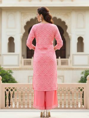 coral color printed poly crepe fancy kurta with palazzo set 4