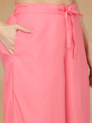 coral color printed poly crepe fancy kurta with palazzo set 5