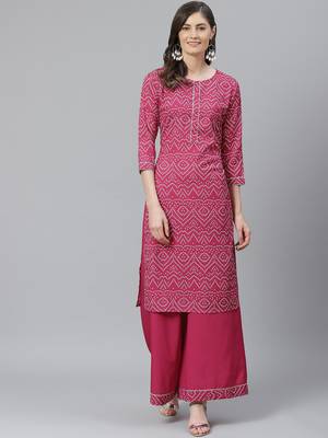 magenta color printed poly crepe fancy kurta with palazzo set 1