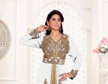 Off-White color Full Sleeves Handmade Moroccan Kaftan with hijjab 2