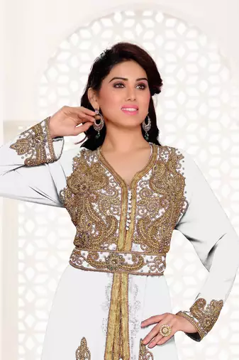 Off-White color Full Sleeves Handmade Moroccan Kaftan with hijjab