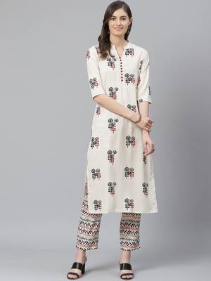 off white color printed poly crepe fancy kurta with trouser set 1