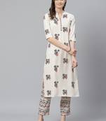 off white color printed poly crepe fancy kurta with trouser set
