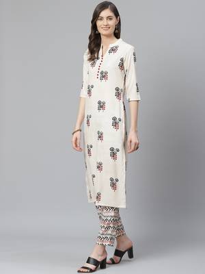 off white color printed poly crepe fancy kurta with trouser set 3